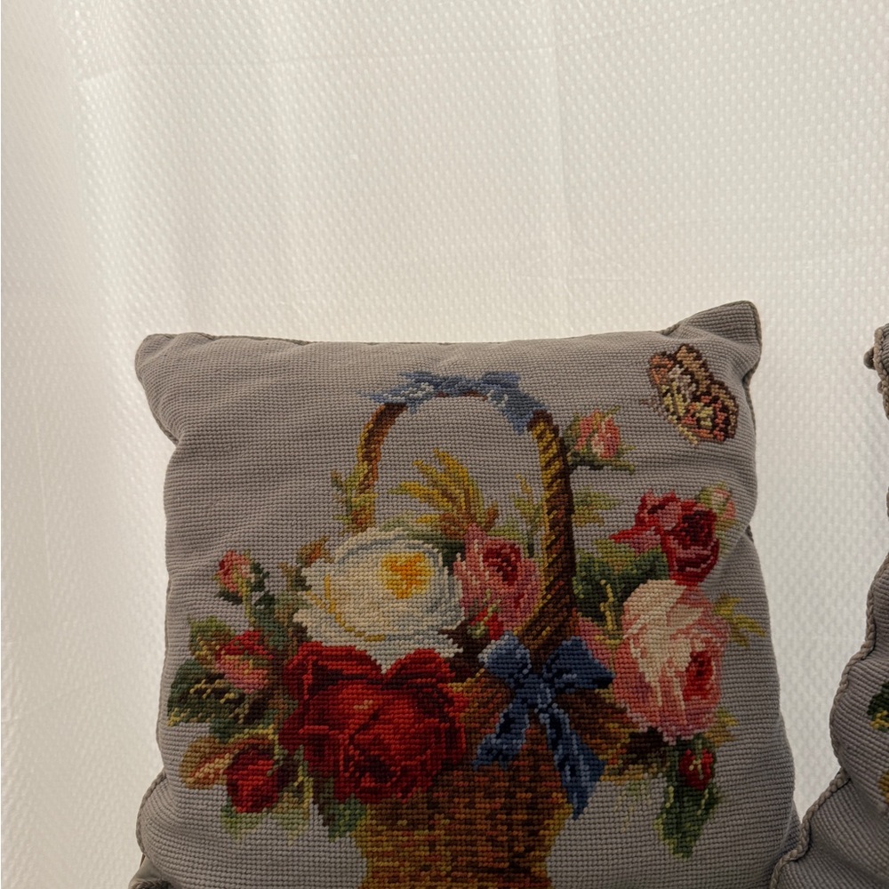 Petit Point Flower basket and butterfly pillows - Picture 2 of 7